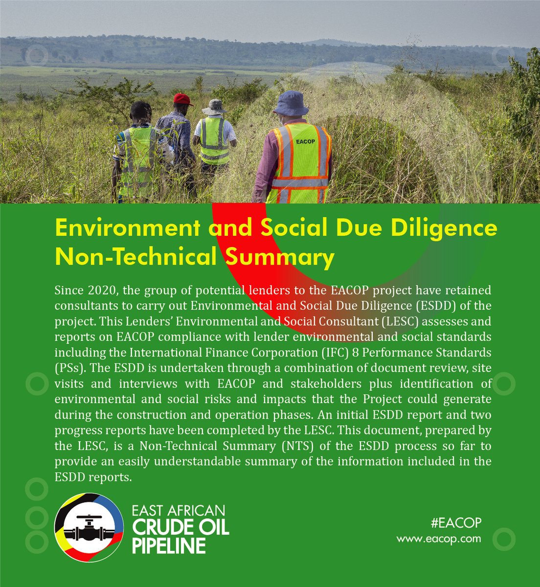 EACOP_'s tweet photo. The ENVIRONMENT AND SOCIAL DUE DILIGENCE (ESDD) NON-TECHNICAL SUMMARY (NTS) Report is now available. 

DETAILED REPORT 👉 https://t.co/XNtGrUPWsc

 #ESDD #EACOP @UNOC_UG @TotalEnergiesUG @TPDCTZ  @CNOOCUgandaLtd @MEMD_Uganda @PAU_Uganda  @TotalEnergies https://t.co/6fjiD6B1wV