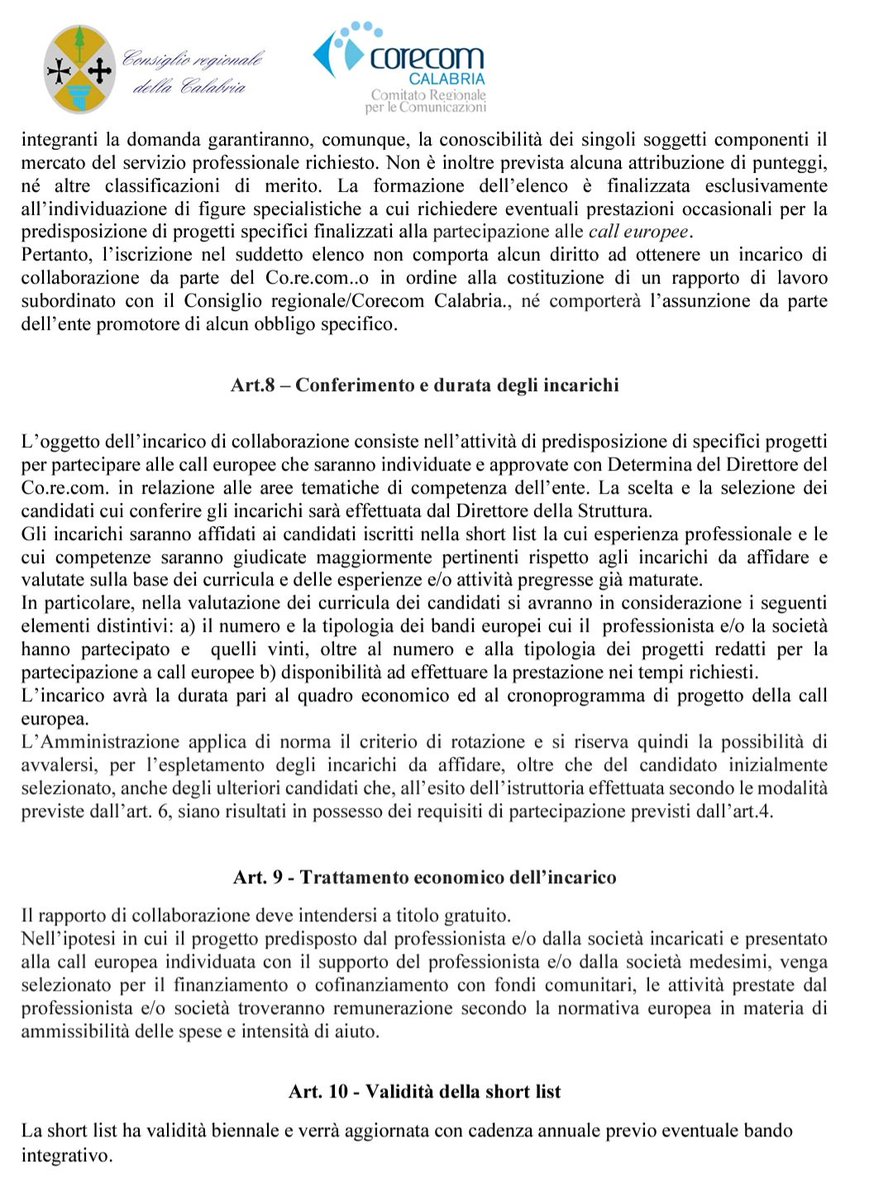 Vuoi scrivere progetti europei per il Comitato Regionale per le Comunicazioni della Calabria? Puoi farlo gratis! Questo prevede l'Avviso pubblico per la costituzione di una short list di esperti di progettazione europea per il #CoreCom #Calabria