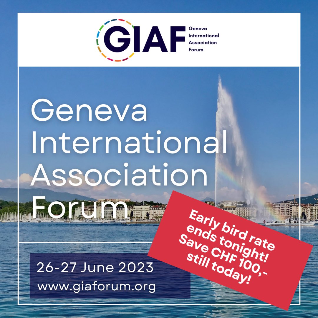 📣 EARLY BIRD RATE ENDS TONIGHT!
❗ Save CHF 100,- until midnight!
🌐 giaforum.org

#associationworld #associationleaders #associationmanagement #giaf23 #geneva #associationcommunity