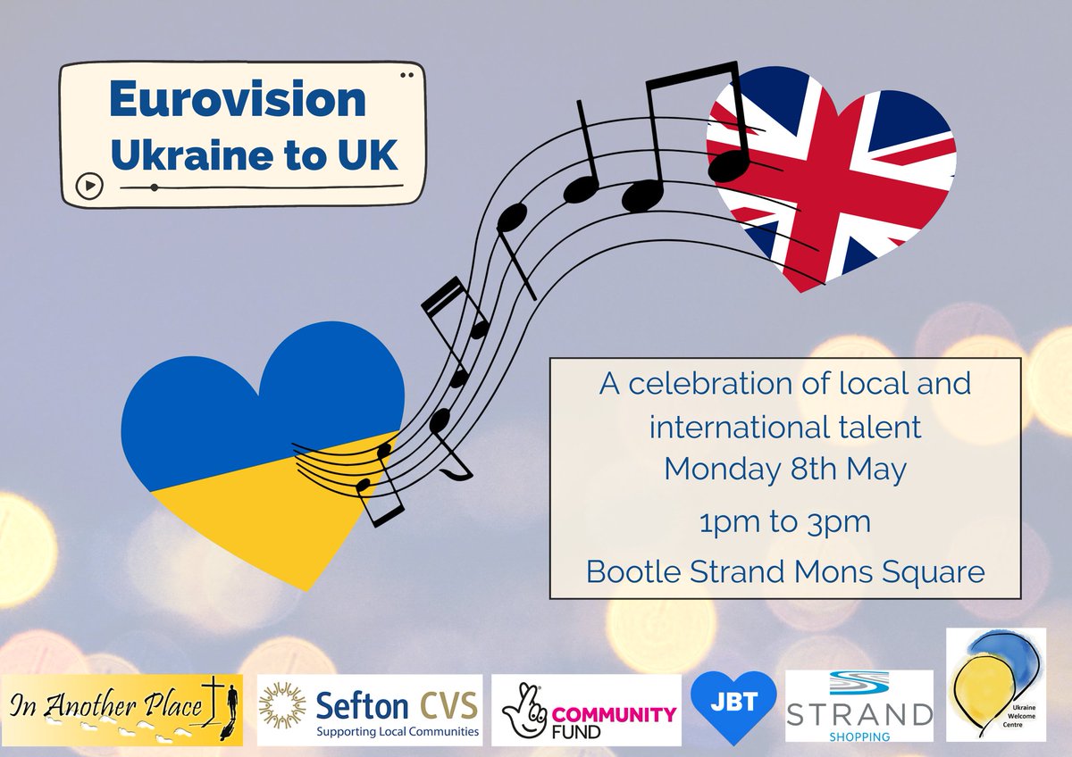 Join us for a celebration of local and international talent with Sefton's own mini Eurovision style variety show! 💙

🗓️ Monday 8 May, 1pm - 3pm 

In partnership w/ <a href="/iapcrosby/">In Another Place</a>, <a href="/JacobBTrust/">Jacob Billington Trust 💙</a>, Bootle Strand Shopping Centre &amp; the Ukrainian Welcome Centre

#Eurovision2023 #MySefton