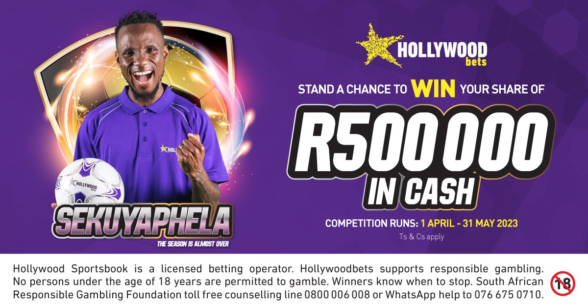 Sekuyaphela! Now is the time to stake your claim and stand a chance to win a share of R500 000 with @Hollywoodbets. To enter, stake R15 or more on soccer, opt-in on the promo page, and you could be one of the lucky winners! Competition ends 31st May #TheGeneralxHollywoodbets