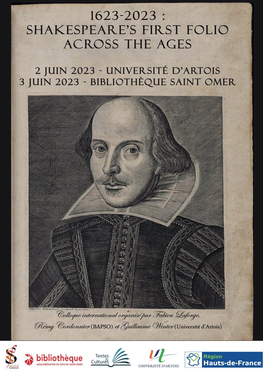 🚨 Rappel : les 2-3 juin prochains, colloque international sur le First Folio de Shakespeare à Arras @Univ_Artois et à St Omer, avec un programme et des activités 5 étoiles 🌟
Programme : textesetcultures.univ-artois.fr/content/downlo…
Inscription : evenements.univ-artois.fr/e/717/colloque…