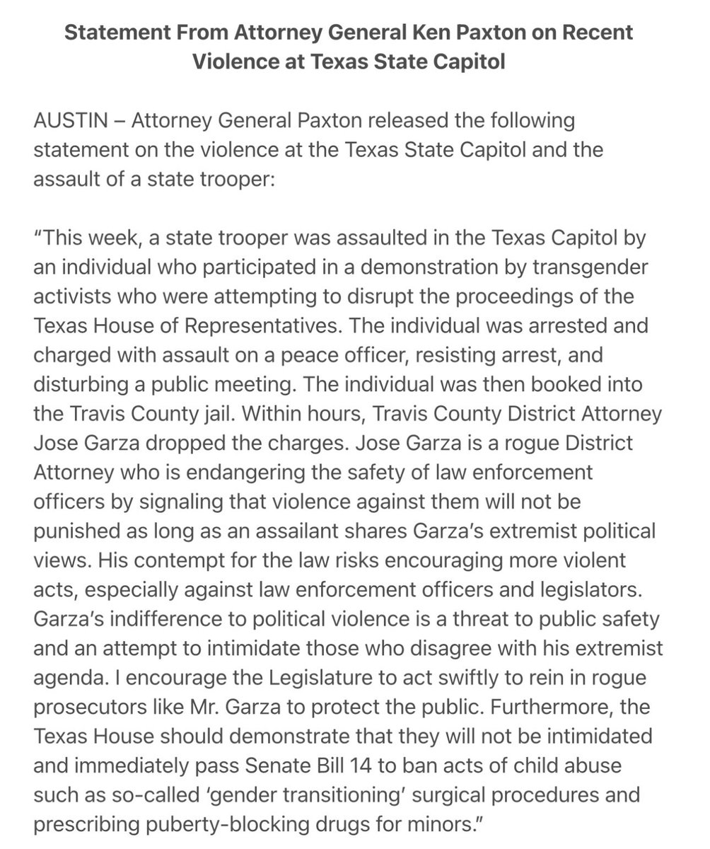 TrueTexasTea's tweet photo. Texas AG @KenPaxtonTX weighs in on Tuesday’s #SB14 protesters at the state Capitol and Travis County DA Jose Garza’s refusal to prosecute #transurrection arrestees.
Background: https://t.co/TJD6UxVCd2
#TXLege proposal to rein in rogue DAs: https://t.co/wLFhRdoxNV https://t.co/IecIb2s8cy