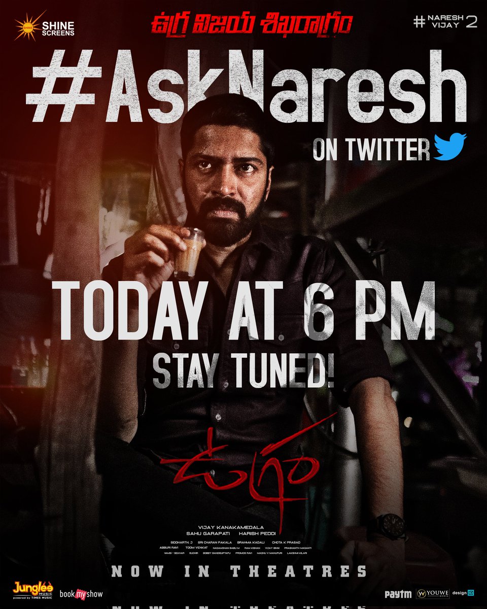 Get ready with all your questions about the #BlockbusterUgram 💥
<a href="/allarinaresh/">Allari Naresh</a> will answer your questions about #Ugram❤️‍🔥

#AskNaresh on Twitter today at 6 PM. Stay tuned 💥

<a href="/mirnaaofficial/">Mirnaa</a> <a href="/DirVijayK/">Vijay Kanakamedala</a> <a href="/sahugarapati7/">Sahu Garapati</a> <a href="/harish_peddi/">Harish Peddi</a>