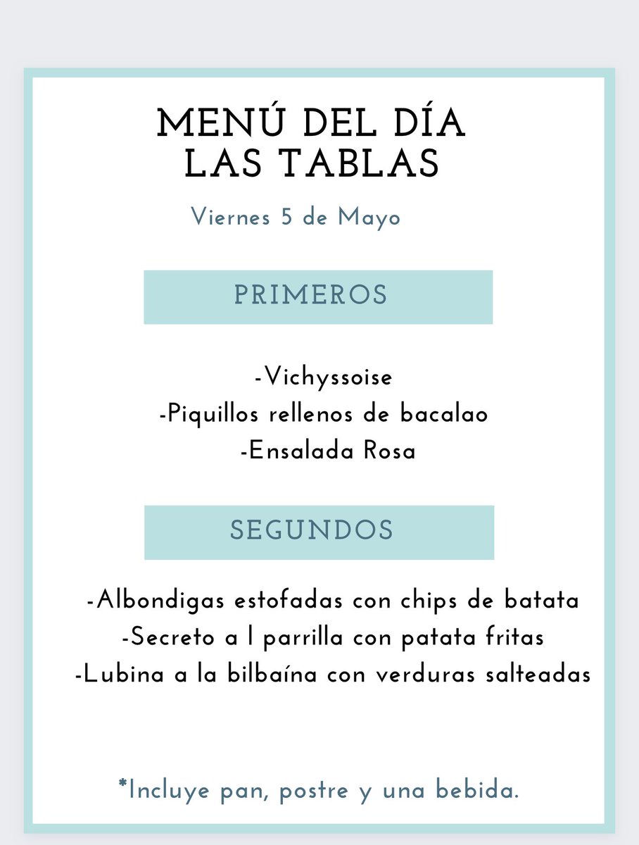 Menú del viernes 12,50 
<a href="/fabricatele/">LaFabricaTV</a> <a href="/TMLasTablas/">TuMenúEnLasTablas</a> <a href="/nokianetworks/">Nokia for Service Providers</a> <a href="/Telefonica/">Telefónica</a> <a href="/telecincoes/">Telecinco</a> <a href="/mediasetcom/">Mediaset España</a> <a href="/paulastablas/">lastablas</a> <a href="/TablasDigital/">Las Tablas Digital 🇪🇦 🇪🇺🇺🇦🇻🇪</a>