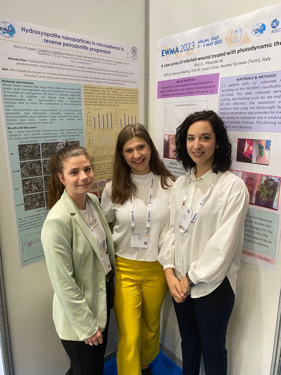 PaviaPhd's tweet photo. We are glad to share the amazing experience of our PhD students Caterina Valentino, Gaia Zucca and Daiana Ianev at the 33rd Conference of the European Wound Management Association in Milan, organised by @EWMAwound. #EWMA2023 #woundhealing #chronicwounds https://t.co/WHFR0L8GV6