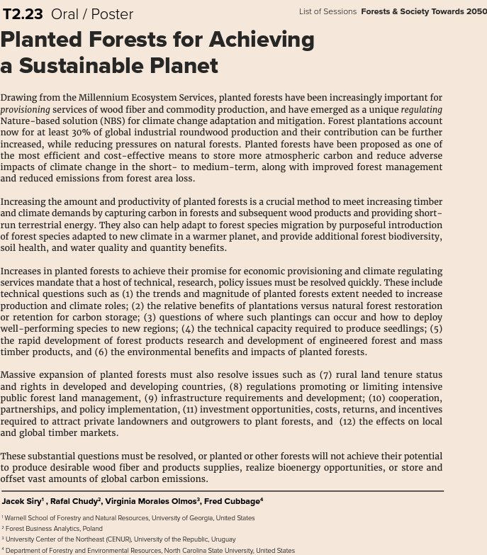 JForBusRes's tweet photo. #JFBR Editors - Jacek Siry, Rafał Chudy, Virginia Morales and Fred Cubbage - organize a session on "Planted Forests for Achieving a Sustainable Planet" at the XXVI @IUFRO Congress in Stockholm 🇸🇪, 23 – 29 June 2024. Abstract submissions by 2 June 2023: https://t.co/b5EI0vVRyQ https://t.co/3iqm18BmrU