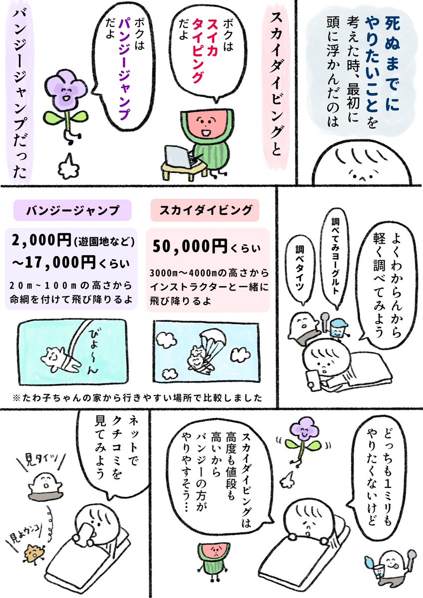 生きるのがしんどい女が「死ぬまでにやりたいことリスト」を消化していく話　第2話
スカイダイビングとバンジージャンプどっちをやるか迷う話
#漫画が読めるハッシュタグ
続きは5月12日(金)の夜に更新予定です https://t.co/gZOp2tPpws