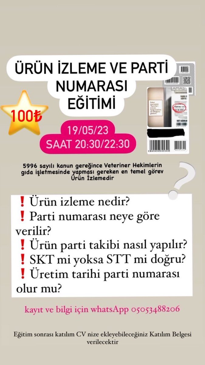 İzlenebilirlik Gıda sektöründe en önemli konudur. Firma ürettiği ürünü izleyemez ise gıda güvenliğini sağlayamaz. Bu konuyu anlattığım eğitime kayıt ve bilgi için whatsapp 05053488206