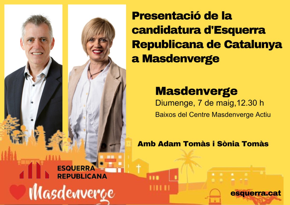 🟡  PRESENTACIÓ de la candidatura d'Esquerra Republicana de #Masdenverge encapçalada per l'alcaldable Sònia Tomàs.
🗓️ Diumenge, 7 de maig
🕛 A les 12.30 hores 
📍 Baixos del Centre Masdenverge Actiu.
🎙️ Intervindrà Sònia Tomàs i <a href="/adamtomas/">Adam Tomàs i Roiget</a>