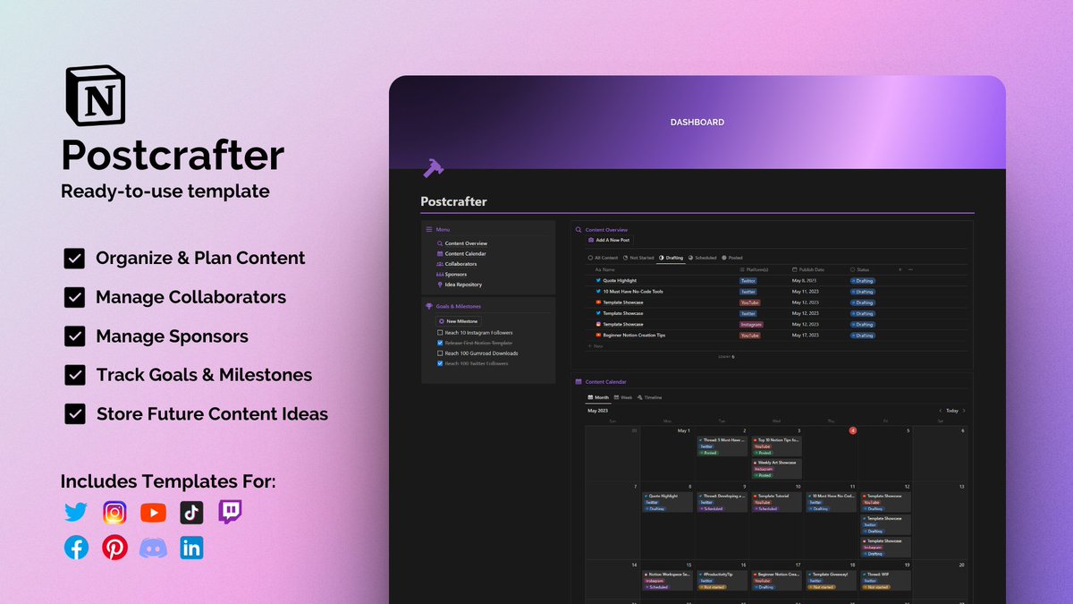 🚨Template #Giveaway🚨

Supercharge your content creation workflow with Postcrafter!

FREE for 48 hours

- Like
- Retweet
- Comment "CRAFT"
(Must be following so I can DM)

#notion #buildinpublic