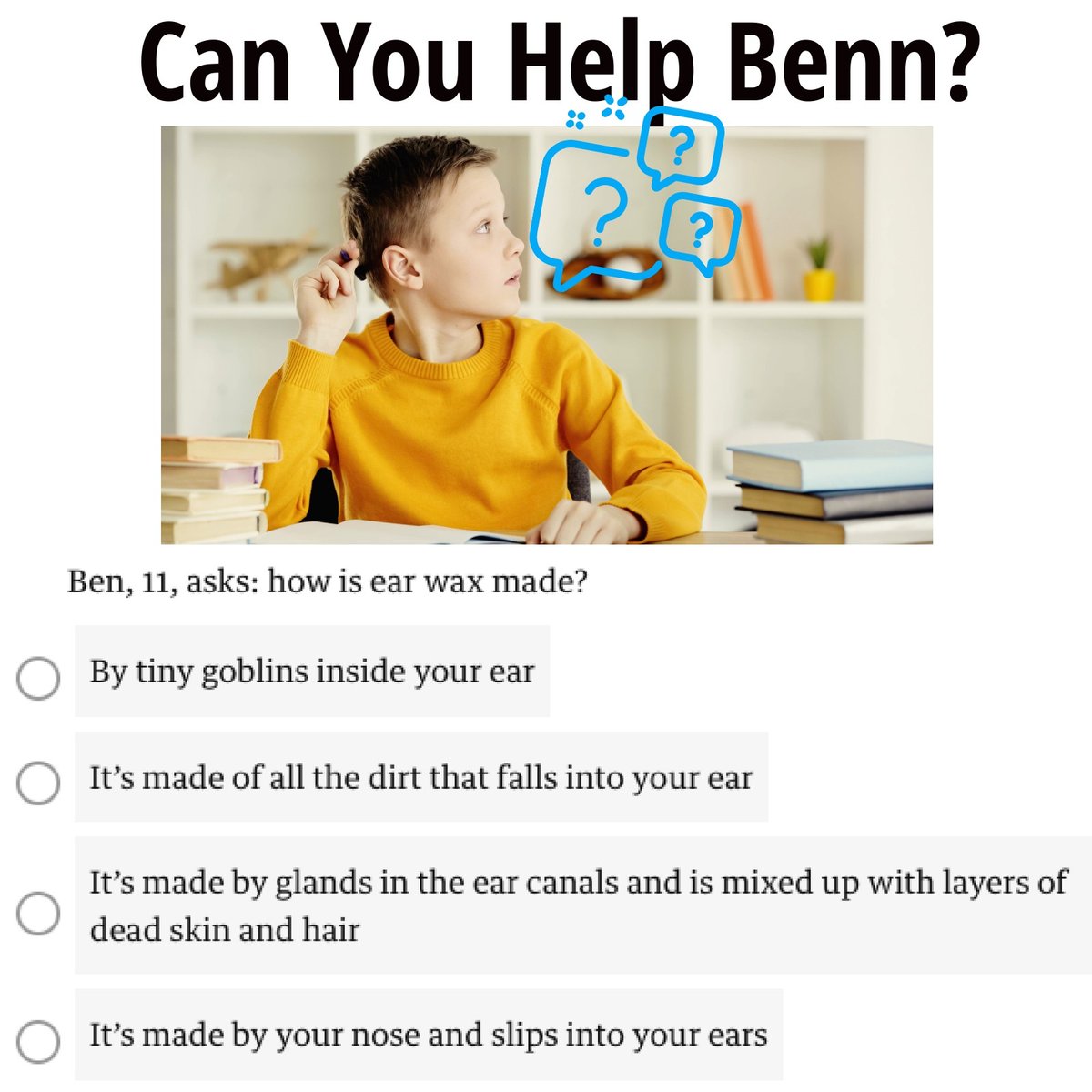 Could you lend a hand and help Benn out with this question?