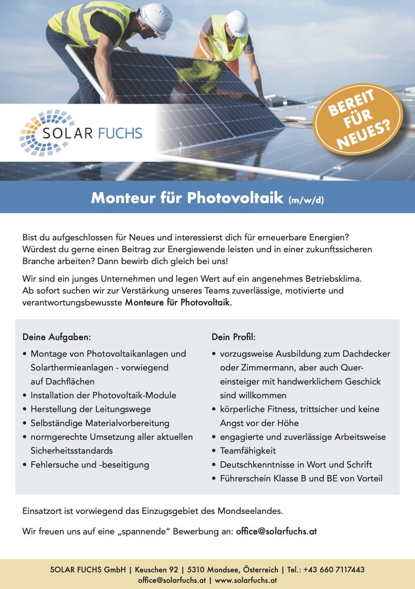 Im Mondseeland gibt es eine neue Firma für Photovoltaik-Anlagen - den Solar Fuchs.
Im Mondseeland und dessen Einzugsgebiet wird ab sofort ein Monteur für Photovoltaik-Anlagen gesucht. ⚡️☀️⚡️🔌
Wer Interesse hat oder jemanden kennt, bitte - gerne weiterleiten. 😉