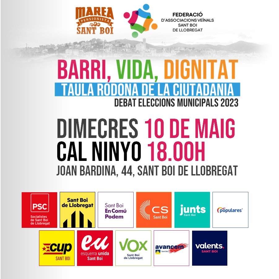 favsantboi's tweet photo. 🗣️El proper DIMECRES 10 de maig, TOTES les candidatures responen a la ciutadania, als interessos reals de la gent; a la taula rodona BARRI,VIDA i DIGNITAT organitzat per la @catalunya_marea #SantBoi i @federacioveinal.

🎙️Moderat per la periodista santboiana
@Gemmaaguilera https://t.co/HXFqTDkK2I