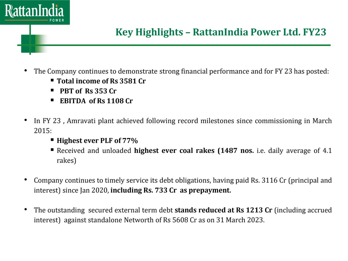 Great results of RPL for FY23 !!

Total Income - Rs. 3,581 Cr.
PBT - Rs. 353 Cr.
EBITDA - Rs. 1,108 Cr.
Repaid loans of Rs. 3,116 Cr since Jan 2020, including prepayment of Rs. 733 Cr.

#RattanIndia #India #FY23 #AnnualResults
