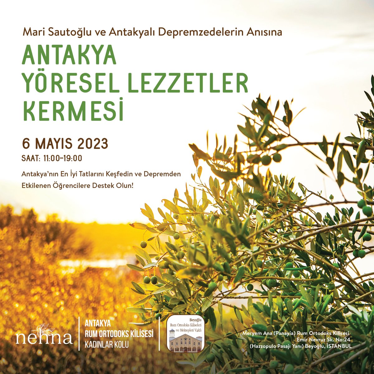 hem depremden etkilenen öğrencilerle dayanışıyor hem de  antakya lezzetleriyle buluşuyoruz.. 
6 mayıs cumartesi 11.00 - 19.00 arası taksim'de. 

( <a href="/nehnabiz/">Nehna</a> ve antakya rum ortodoks kilisesi kadınlar kolu ortak etkinliği )
