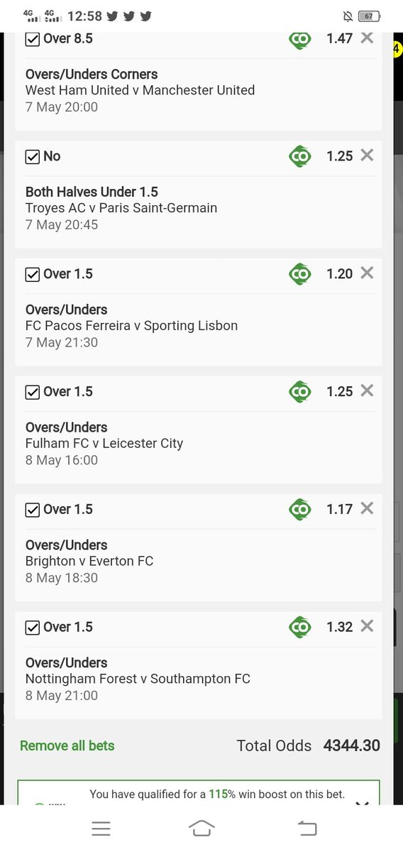 4344.34 odds I WILL FOLLOW EVERYONE WHO RETWEETS I will edit this slip and share it in my VIP Group with more slips. It's R100 ONCEOFF to join. DM me if you wanna join my VIP Group Code: X4CAC8129 betway.co.za/bookabet/X4CAC… MISSING SCREENSHOT IN COMMENT SECTION