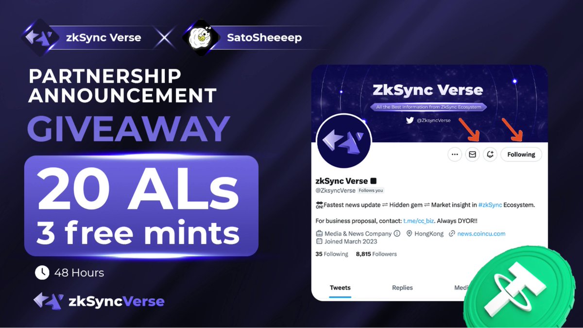 🎉PARTNERSHIP ANNOUNCEMENT🎉

As a celebration of our partnership with SatoSheeeep on zkSync Era, we host a giveaway!

SatoSheeeep developed new DeFi to Earn sysytem!

20 ALs &amp; 3 free mints!

✅follow
<a href="/Sato_Sheeeep/">SatoSheeeep on zkSync Era∎</a>
<a href="/ZksyncVerse/">zkSync Verse ∎</a>
✅RT&amp;Like
✅Tags 3 friends

⏳48 hours