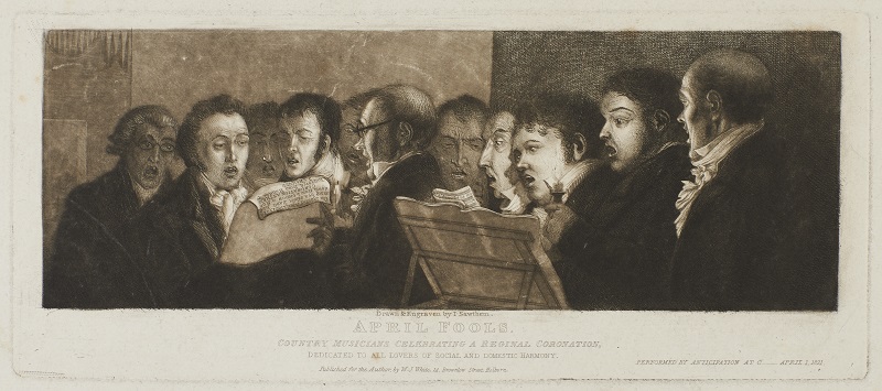 HandelGCHF's tweet photo. This satirical print from the #GeraldCokeHandelCollection shows 'country musicians celebrating a reginal coronation', rehearsing for the #Coronation of King George IV. It was printed in Brownlow Street, near the Foundling Hospital, in 1821. @FoundlingMuseum @RISM_music @MLAGuk https://t.co/pMdSRFvitl