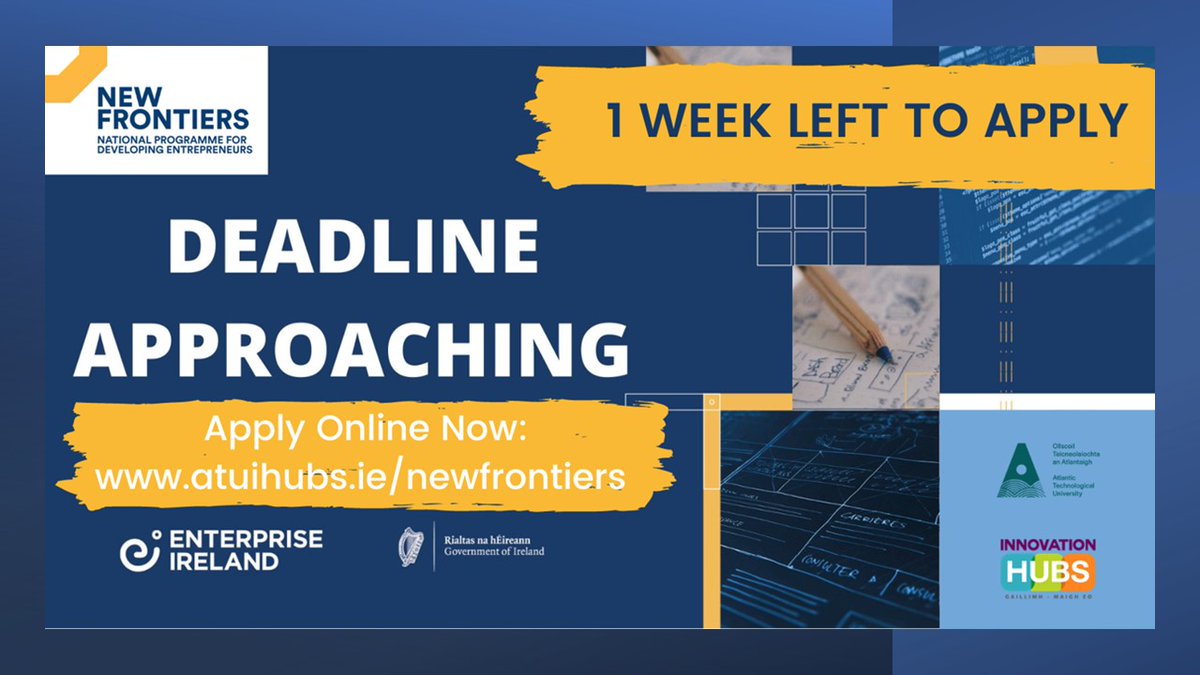 *PLEASE SHARE* 1 week left to apply for #newfrontiers  Apply online atuihubs.ie/newfrontiers/

<a href="/Entirl/">Enterprise Ireland</a> <a href="/EI_NewFrontiers/">Enterprise Ireland's New Frontiers programme</a> <a href="/Newfrontiersnw/">New Frontiers ATU Sligo - Donegal</a> <a href="/portershed/">PorterShed</a> @GalwayTech <a href="/GalwayChamber/">Galway Chamber</a> <a href="/leogalway/">Local Enterprise Office Galway</a> <a href="/LEORoscommon/">Local Enterprise Office Roscommon</a> <a href="/leomhaigheo/">LEO Mayo</a> <a href="/swibn/">SWIBN</a> <a href="/networkgalway/">Network Ireland Galway</a> <a href="/networkmayo/">Network Ireland Mayo</a> <a href="/MarineIrlNet/">Marine Ireland Industry Network (MIIN)</a> <a href="/CREWDigital1/">CREW | Creative Enterprise West</a>