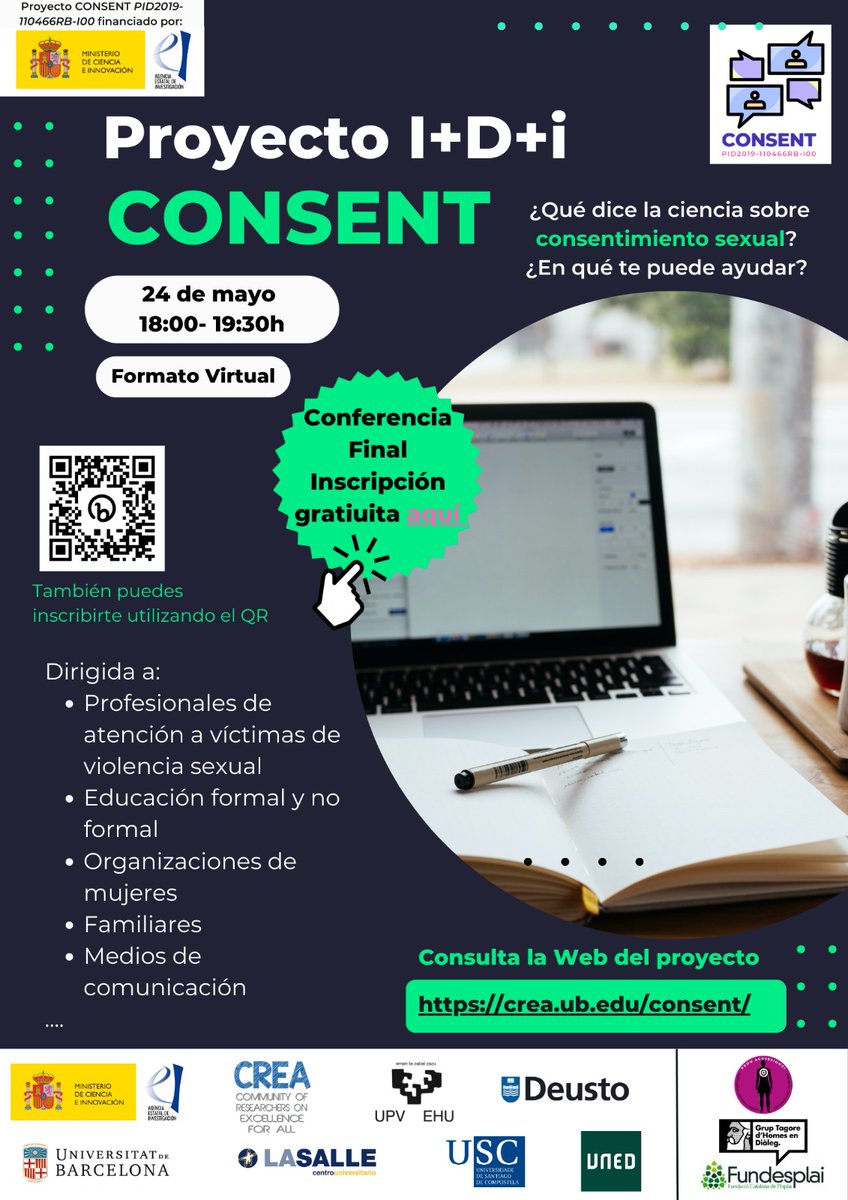 Un equipo de 17 investigadoras/es (Sociología, Derecho, Comunicación, Criminología y Educación) de 6 universidades, presentamos evidencias científicas sobre Consentimiento sexual. Ven, infórmate y contribuye a construir relaciones libres de coacciones ➡️bit.ly/3AW5YKm