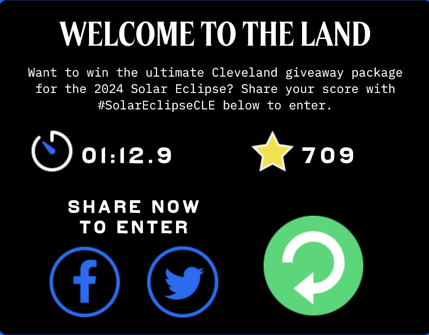 Wiggin5s's tweet photo. I scored 1046 in the race to #SolarEclipseCLE. Event details: https://t.co/D69E6kxILb. Play now at https://t.co/0ZOu8mjKOD and share your score for a chance to win the ultimate Cleveland Solar Eclipse giveaway package. #ThisisCLE  #SolarEclipseCLE https://t.co/GfHMcomSTc