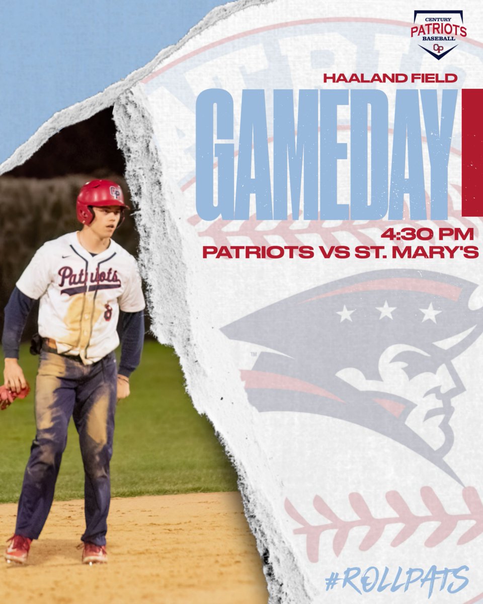 CenturyBSBL's tweet image. The Patriots travel across town today for a conference matchup against the Saints!
📍Haaland Field, Bismarck ND
⌚️ 4:30PM
🆚 St. Mary's Saints
📹 Gamechanger "Century Patriots"
@CHSPatriotsAD @NDHSAA @WDAsports @CHSCakeEaters @SMCHS_Baseball #wdabaseball #rollpats #springbaseball