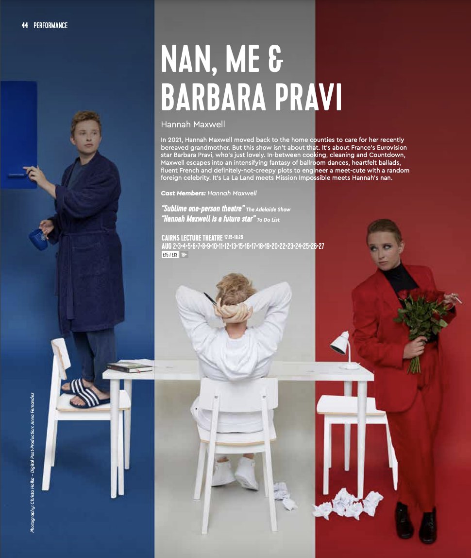 QUELLE SURPRISE! 
I'm making my <a href="/Summerhallery/">Summerhall</a> debut this <a href="/edfringe/">Edinburgh Festival Fringe</a> with Nan, Me &amp; Barbara Pravi, my overshare of an opus about care, crisis and #Eurovision.

17:15
Cairns
The whole damn month

It's gonna be WILD. 

bit.ly/3I51wwT
#BARBARA