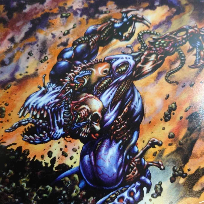 ヨーグモスの意志/Yawgmoth's Will のカードイラスト、なんかよくわからん人がツェペリジャンプしてるイラストかと思ってたんだけど、よく見たら何らかの残骸がハチャメチャに縫合されてどこかから引っ張り出されて再利用されようとしてる場面なのか、こわ
