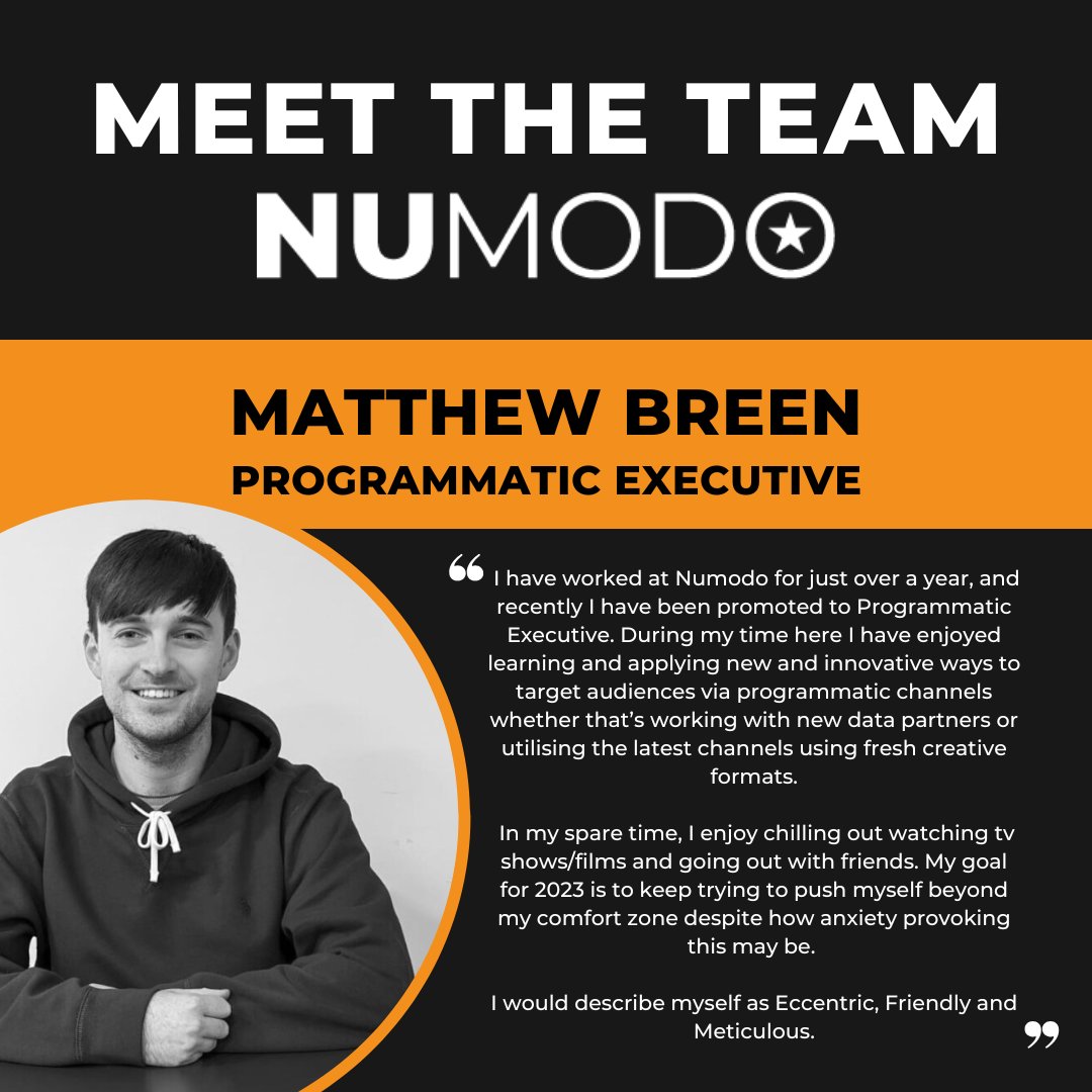 Numodo_'s tweet photo. Meet the faces behind Numodo!👋
We're thrilled to introduce you to the talented team driving Numodo forward.
 
Say hello to Matthew Breen. Recently promoted to Programmatic Executive.

Stay tuned for more behind-the-scenes glimpses from our team at Numodo! https://t.co/bi43gSvLf8