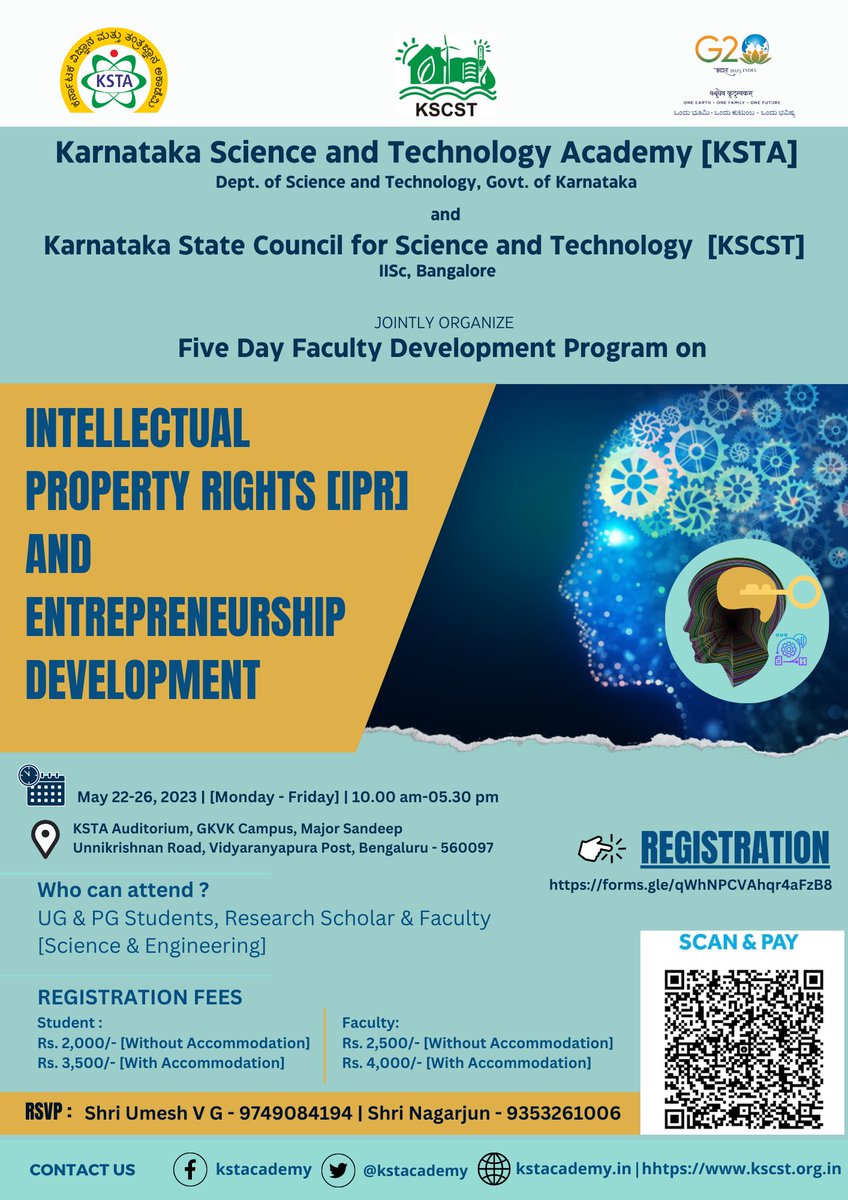 kstacademy's tweet photo. ಅಕಾಡೆಮಿಯು ಕರ್ನಾಟಕ ವಿಜ್ಞಾನ ಮತ್ತು ತಂತ್ರಜ್ಞಾನ ಮಂಡಳಿ, ಇವರ ಸಹಯೋಗದೊಂದಿಗೆ ಐಪಿಆರ್ ಕುರಿತು ೫ ದಿನಗಳ ಕಾರ್ಯಾಗಾರವನ್ನು ಆಯೋಜಿಸುತ್ತಿದ್ದು, ಆಸಕ್ತರು ನೋಂದಾಯಿಸಲು ಈ ಕೆಳಗೆ ನಮೂದಿಸಿದ ಕೊಂಡಿಯನ್ನು ಬಳಸಬಹುದು. ನೋಂದಾವಣಿ ಲಿಂಕ್: https://t.co/if3pkpZgdi May 22-26, 2023 10:30am 5:30pm #IPR #FDP #KSTA #ksta #kscst https://t.co/d2hPYhnMMd
