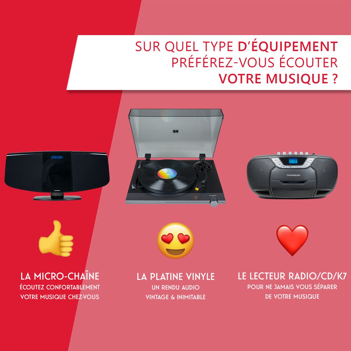 Thomson_FRA's tweet photo. Nous avons toutes et tous nos préférences, surtout quand il s'agit de passer le weekend en musique ! #FridayFeeling 🎶
#ThomsonAudio #Musique #MIC400BT #MicroChaîne #TT700 #PlatineVinyle #RK102CD #LecteurRadioCDK7 #ThomsonLaTechnologieAmie #Thomson https://t.co/tqUgc9qXMy