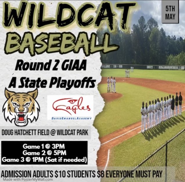 ⚾️⚾️⚾️𝗚𝗔𝗠𝗘 𝗗𝗔𝗬⚾️⚾️⚾️

Round 2 of the GIAA Playoffs…..BE THERE❕

Game 1: First pitch at 3
Game 2: First pitch at 5

#FRAmily | #ProtectTheDen🐾