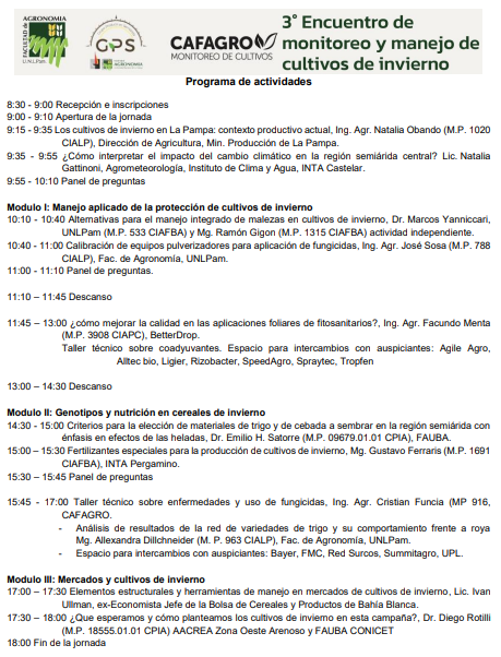 iván_ullmann (@ivan_ullmann) on Twitter photo A intercambiar sobre #mercados en el 3° encuentro de monitoreo y manejo cultivos de invierno de la #Facultad de Agronomía Universidad Nacional de La Pampa <a href="/AgroUNLPam/">Agronomía UNLPam</a>
#Trigo #Cebada Decisiones en un marco de incertidumbre #Clima #Precios #Elecciones #Tipodecambio #Reglasdejuego A intercambiar sobre #mercados en el 3° encuentro de monitoreo y manejo cultivos de invierno de la #Facultad de Agronomía Universidad Nacional de La Pampa <a href="/AgroUNLPam/">Agronomía UNLPam</a>
#Trigo #Cebada Decisiones en un marco de incertidumbre #Clima #Precios #Elecciones #Tipodecambio #Reglasdejuego