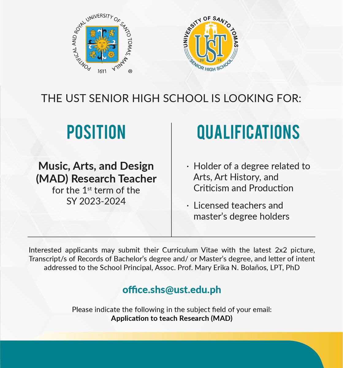 UST1611official's tweet photo. The UST Senior High School is looking for faculty members for the 1st term of the School Year 2023-2024. (1/2)

#JobsAtUST https://t.co/Zxt6RDj1c6