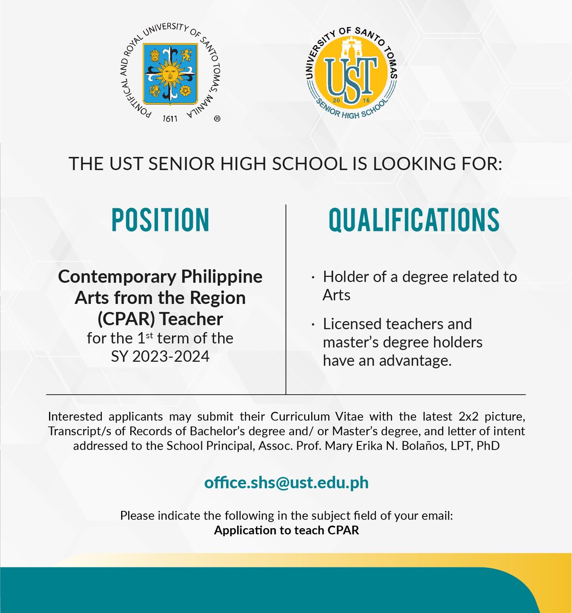 UST1611official's tweet photo. The UST Senior High School is looking for faculty members for the 1st term of the School Year 2023-2024. (1/2)

#JobsAtUST https://t.co/Zxt6RDj1c6