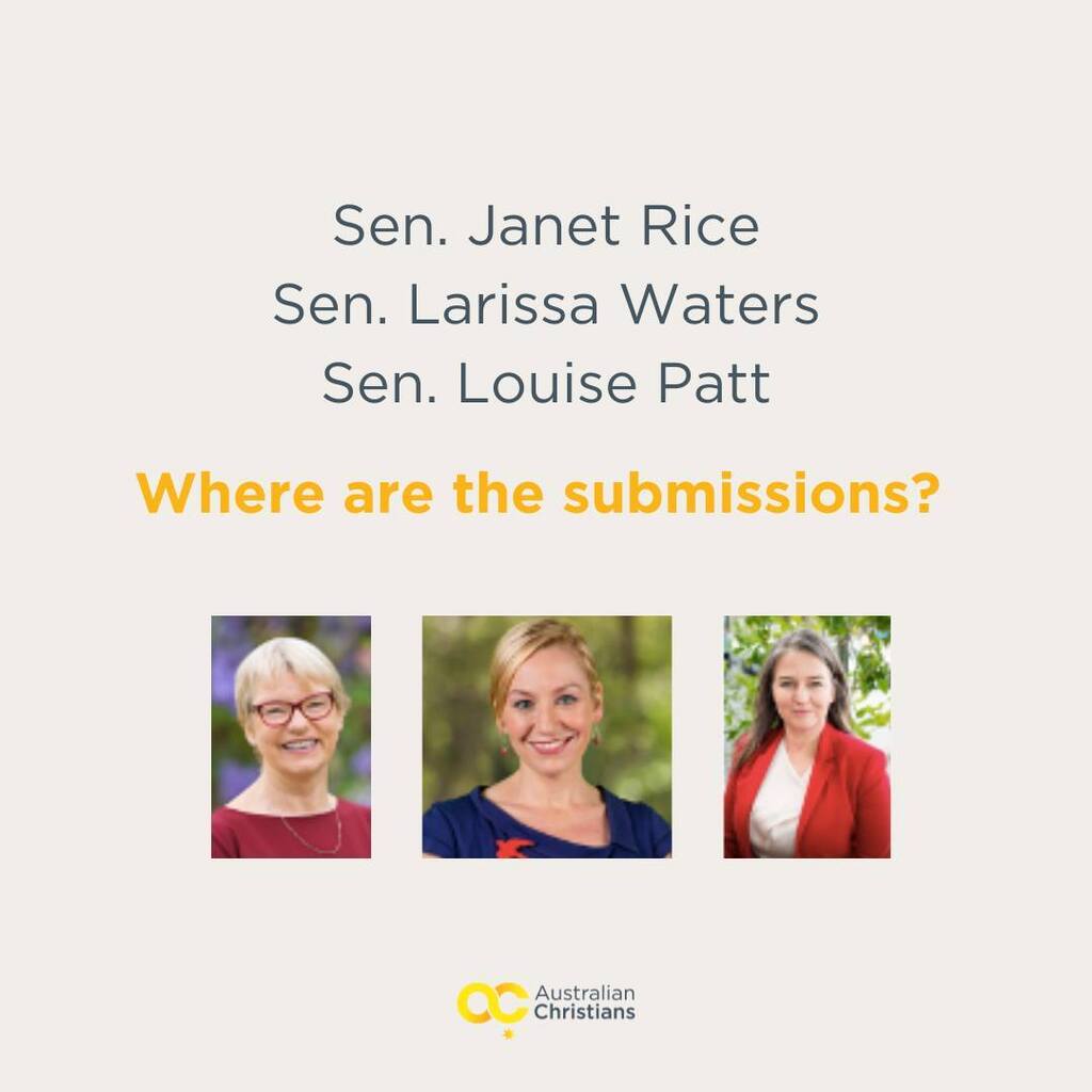 AustChrist's tweet photo. Australian Christians call on Senators, Janet Rice, Larissa Waters and Louise Pratt to be transparent in conducting the Senate inquiry into reproductive healthcare. With only 8 days to go, it's clear that the Senate inquiry into reproductive healthcare is being used to stifl… https://t.co/9IIpkM2PvS