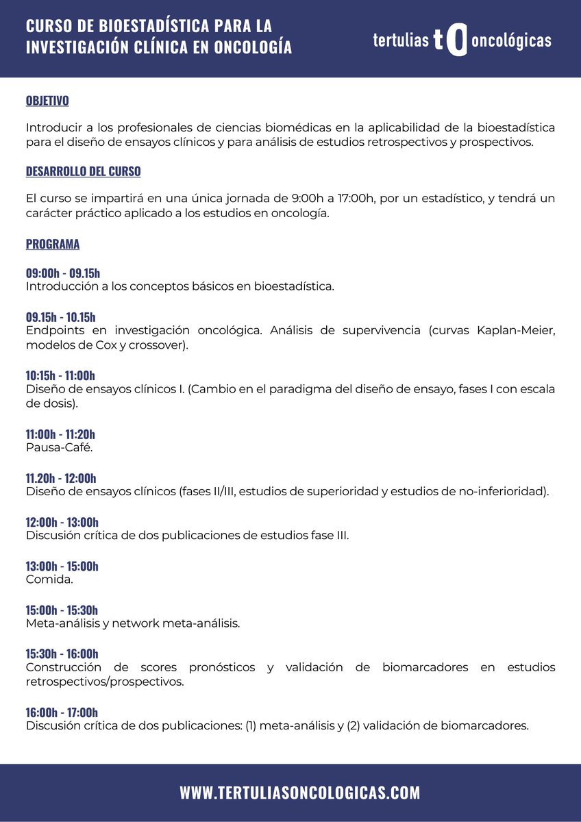 TOncologicas's tweet photo. El próximo 25 de mayo de 9:00h a 17:00h celebraremos el Curso de Bioestadística para la Investigación Clínica en #Oncología en una única jornada práctica aplicada a los estudios en oncología.

¡Ya están abiertas las inscripciones online!
https://t.co/omZ3dTZafE https://t.co/h4S0xUe1KD