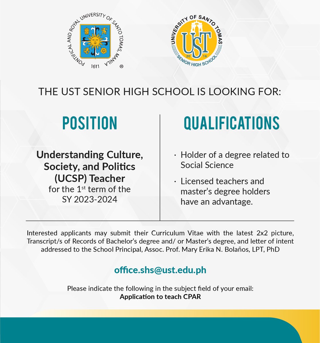 UST1611official's tweet photo. The UST Senior High School is looking for faculty members for the 1st term of the School Year 2023-2024. (2/2)

#JobsAtUST https://t.co/ckruhf0aTx