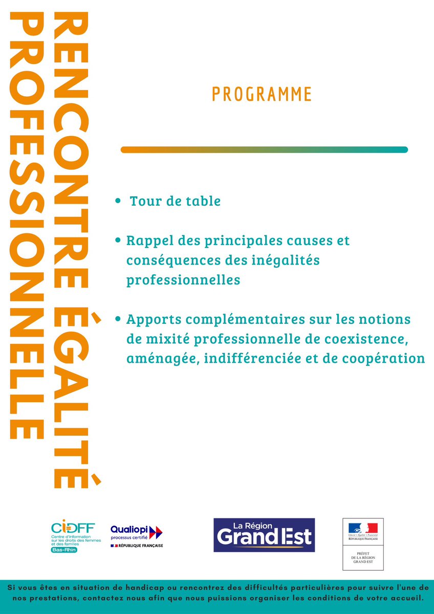 La prochaine rencontre égalité professionnelle aura lieu le jeudi 11 mai 2023 au Club de la Presse à Strasbourg, de 9h à 12h.
Elle portera sur un approfondissement autour des notions d’inégalités professionnelles et des différentes formes de mixités possibles.