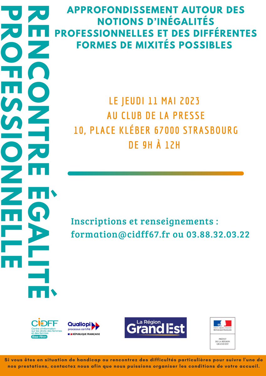 AMB_GrandEst's tweet photo. La prochaine rencontre égalité professionnelle aura lieu le jeudi 11 mai 2023 au Club de la Presse à Strasbourg, de 9h à 12h.
Elle portera sur un approfondissement autour des notions d’inégalités professionnelles et des différentes formes de mixités possibles. https://t.co/f23GGM6rmu