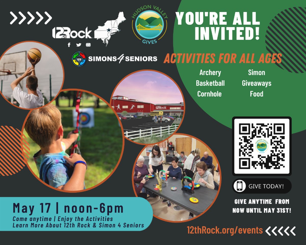 MARK YOUR CALENDARS...

You are all invited to join us for some great activities & food on May 17th at 12th Rock.  Our friends from @f4focny and @simon4seniors will be joining us to celebrate @hvgives!

hvgives.org/organizations/…