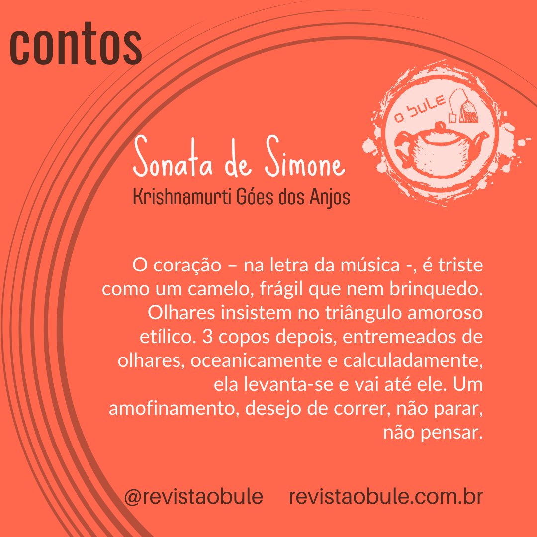 revistaobule's tweet photo. Hoje tem conto de Krishnamurti Góes dos Anjos na Revista O Bule.
Passe por lá para conhecer Simone.
#krishnamurtigoesdosanjos #contos #revistaobule #obule #literatura #literaturabrasileira #literaturabrasileiracontemporanea https://t.co/7Bicq82lU0