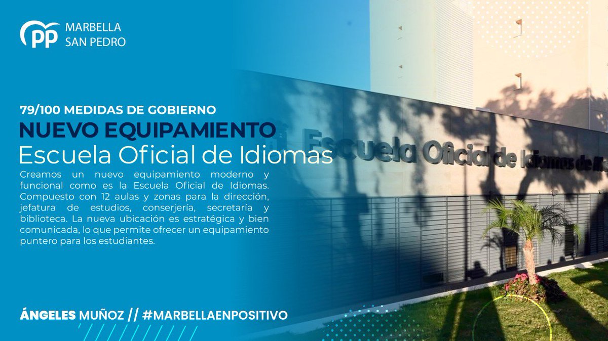 ✅ 79/100 MEDIDAS DE GOBIERNO

Creamos un nuevo equipamiento moderno y funcional como es la Escuela Oficial de Idiomas de Marbella. Compuesto con 12 aulas y zonas para la dirección, jefatura de estudios, conserjería, secretaría y biblioteca.