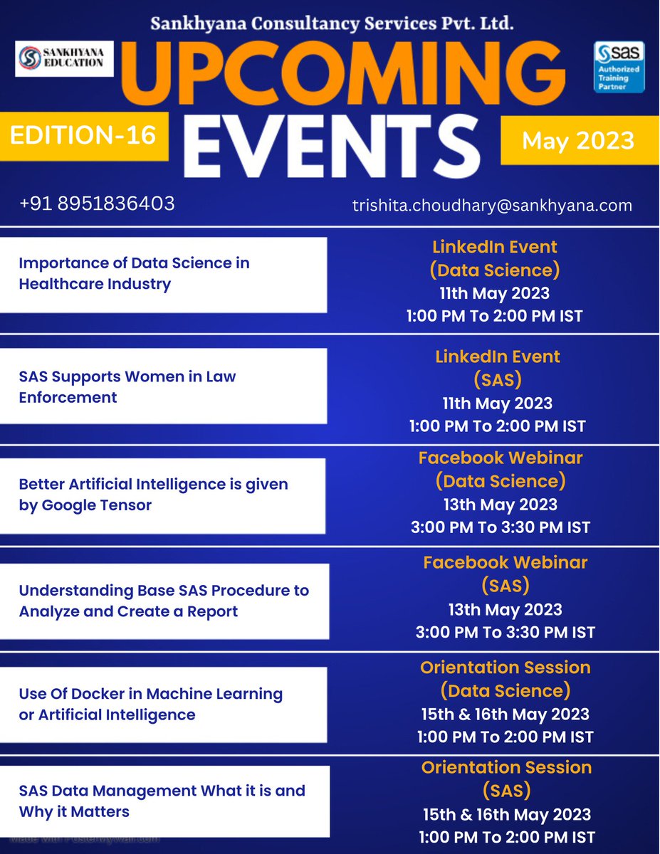 sankhayana's tweet photo. Want to build your career in Data Science/SAS?
Join our free live may Upcoming Events
For more details:-
Mobile No. : +91 89518 36403
Email Id : trishita.choudhary@sankhyana.co
#SankhyanaEducation #sankhyana #freeupcomingevents #mayevents #careers #freelivesession #datascience https://t.co/RskZVeX6LE
