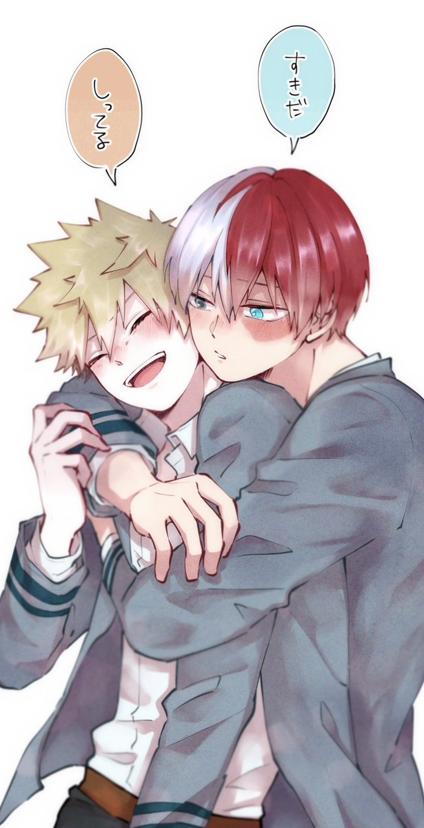 bakugou katsuki ,todoroki shouto multiple boys 2boys burn scar red hair male focus school uniform blonde hair  illustration images