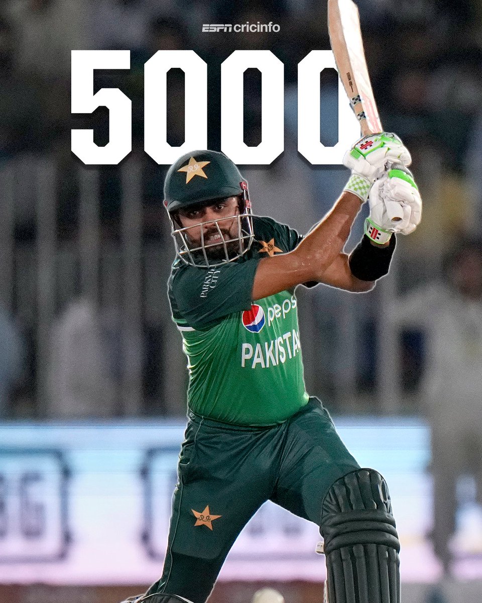 cricinfo's tweet photo. Babar Azam becomes the fastest to reach 5000 runs in ODIs! 

Reaching the milestone in his 97th innings, he breaks Hashim Amla's record of 101 innings 🙌 https://t.co/hLi1hKYf4a