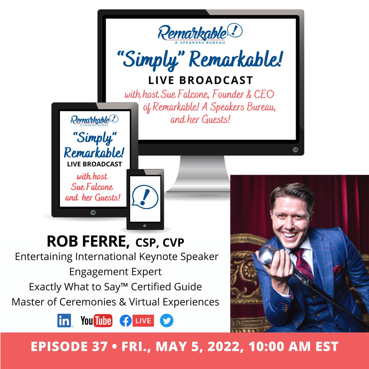 Happy Follow-Up Friday! Excited to have 🎤 Rob Ferre, CSP live at "Simply" Remarkable live streaming show today at 10 am (EST). Hope you can join us right here to get your day moving. So easy to get in on the fun with Rob. Just show up, bring a friend, your questions, and