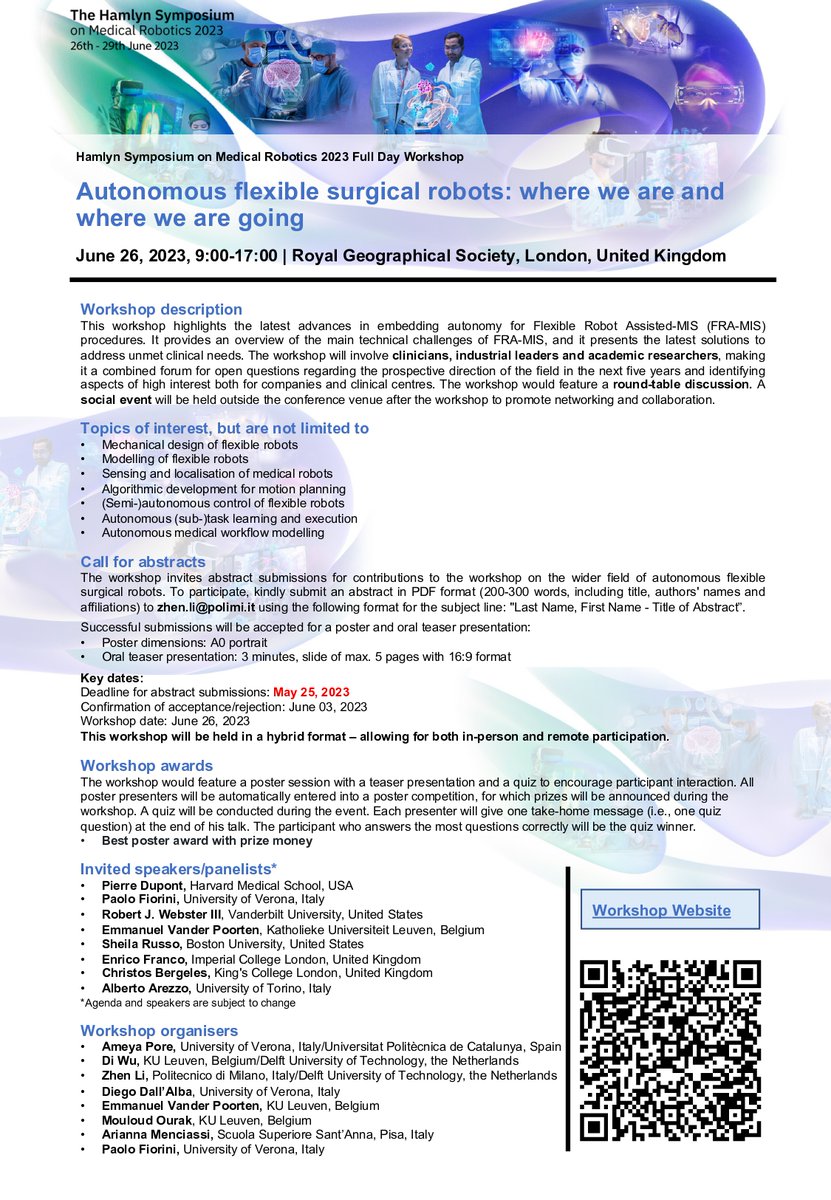 🌟 Call for Abstracts is now open! 
📝 Join us at #HSMR2023 workshop and be part of the cutting-edge discussions on Autonomous Flexible Robots in Surgery. 🏥💪 Submit your abstract today and engage with top clinicians and researchers in the field! 🚀🔬
#CallForAbstracts
