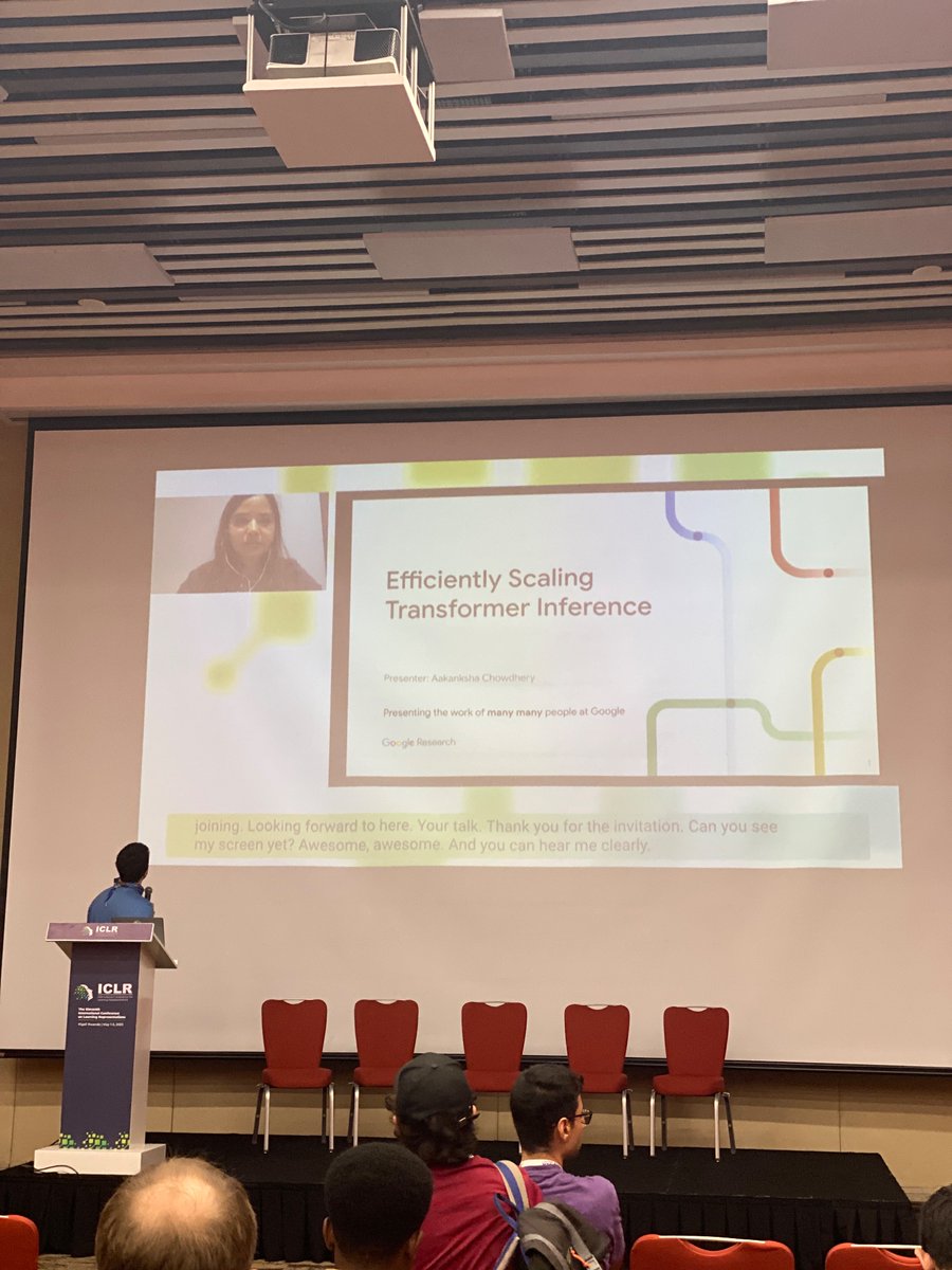 The second session has just started with the talk by Aakanksha Chowdhery, “Efficiently Scaling Transformer Inference”.
#ICLR2023